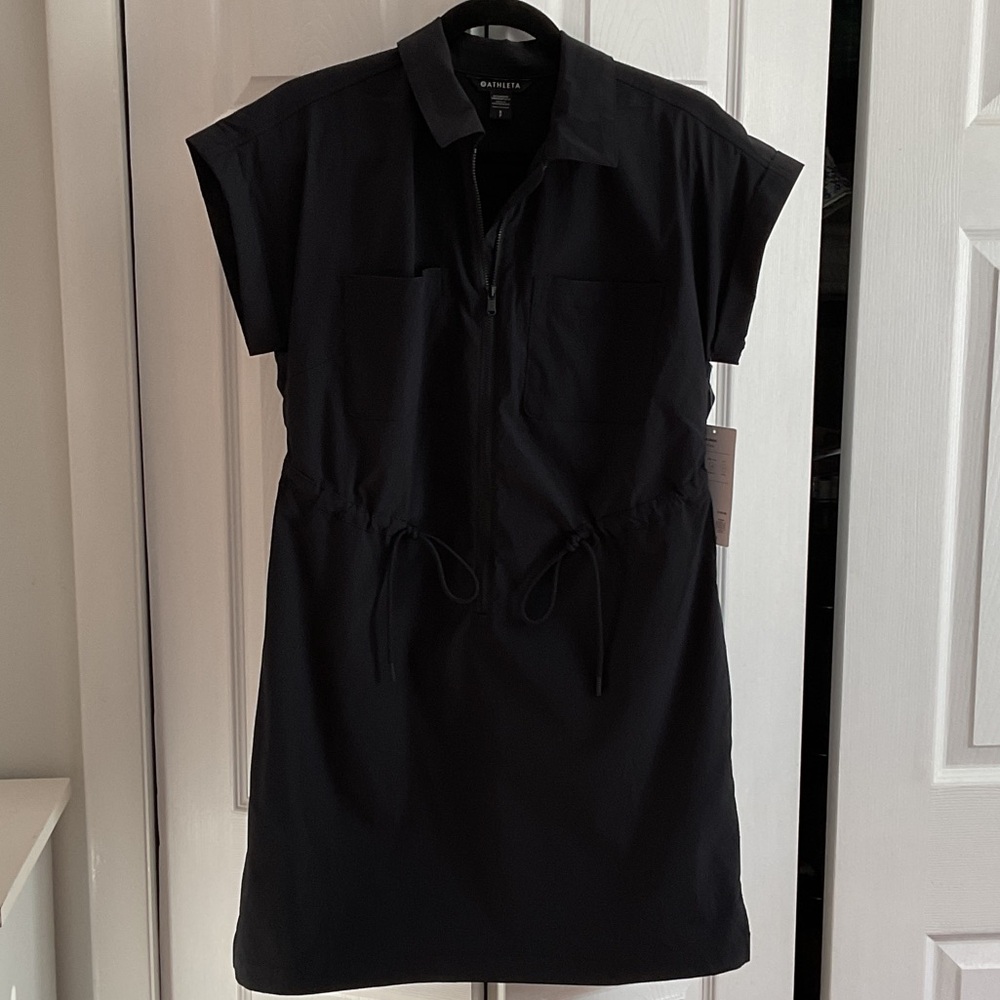 NWT ATHLETA Black topspin dress front zip UPF breathable size S
